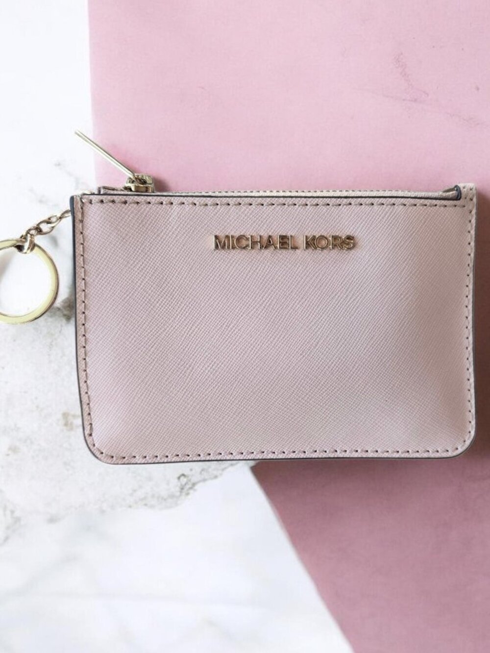 MICHAEL KORS Wallet in Powder Blush Pink Crossgrain Pattern with Zipper Closure